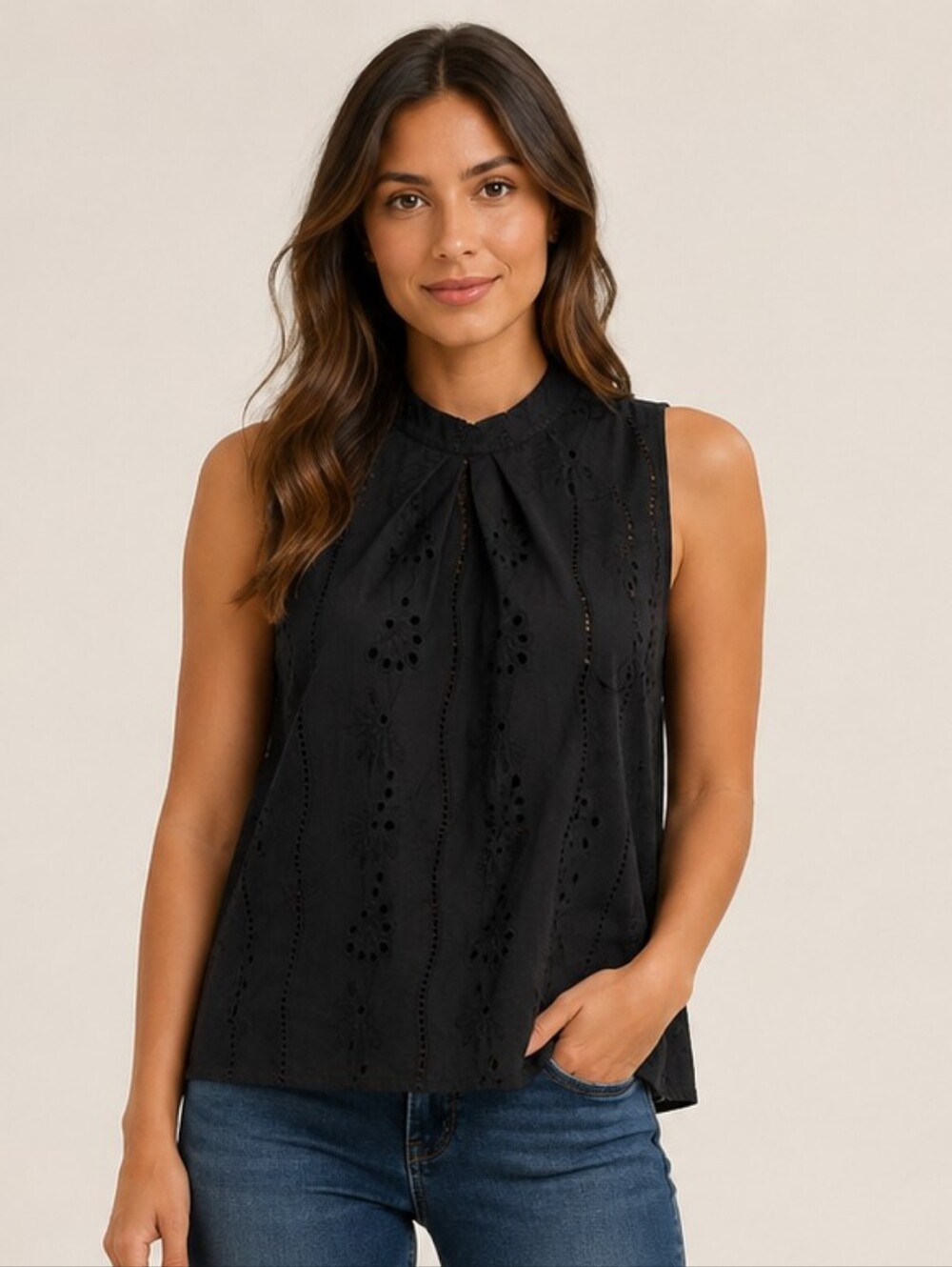 Black Eyelet Sleeveless Mock Neck Top NWT Size 8–10